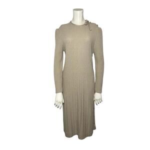 Vintage 1970s Keith Adams Ribbed Knit Midi Dress Neutral Beige SMALL Long Sleeve